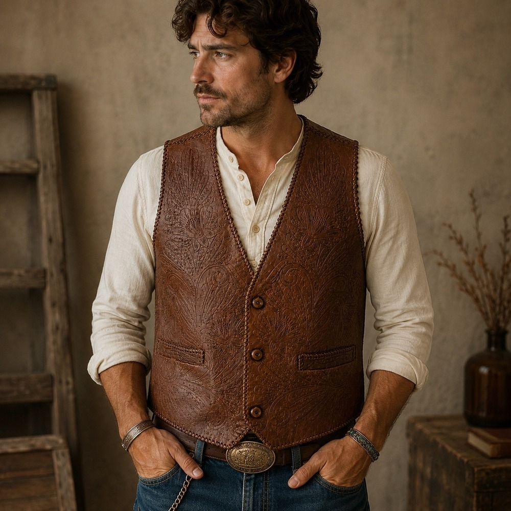 Alan Michael USA Mens XL Tooled Brown Leather Vest Whipstitch Western Paisley